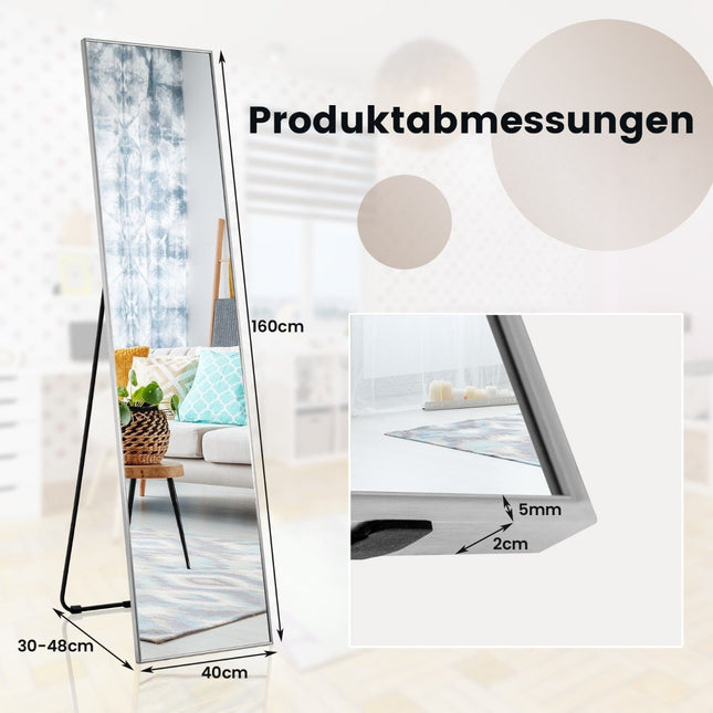 160 x 40 cm Ganzkörperspiegel 2 in 1 Standspiegel &amp; Wandspiegel aus bruchsicherem Glas Silber