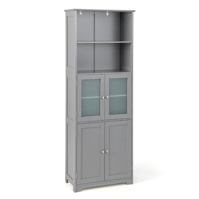 Meuble de salle de bain autoportant de 163 cm de haut avec portes vitrées et étagères réglables, gris