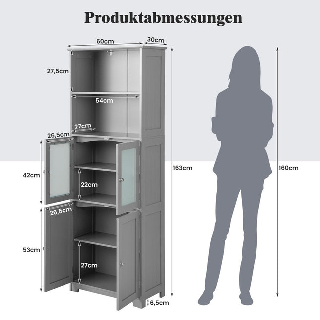 Meuble de salle de bain autoportant de 163 cm de haut avec portes vitrées et étagères réglables, gris