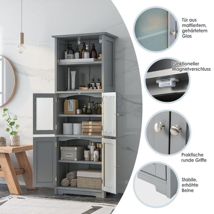 Meuble de salle de bain autoportant de 163 cm de haut avec portes vitrées et étagères réglables, gris