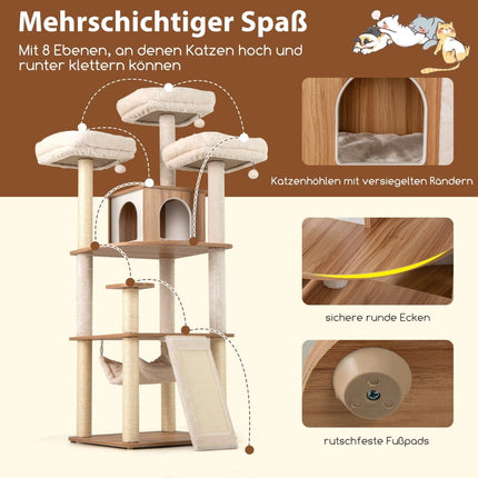 168cm Wooden Cat Tree with Hammock & Scratching Posts