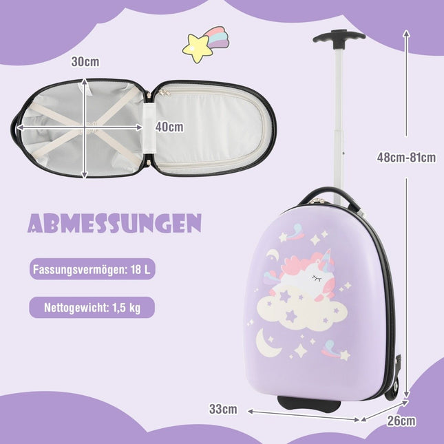 16" Kinderkoffer mit 2-stufigem Teleskopgriff Kindertrolley Kinderhandgepäck Einhörner