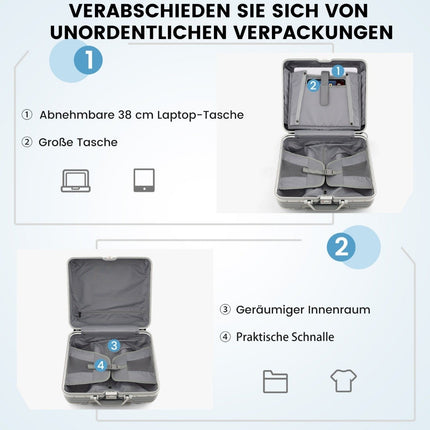16” handbagage 34L rolkoffer met laptopvak en spinnerwielen 43 x 24 x 44 cm zilver
