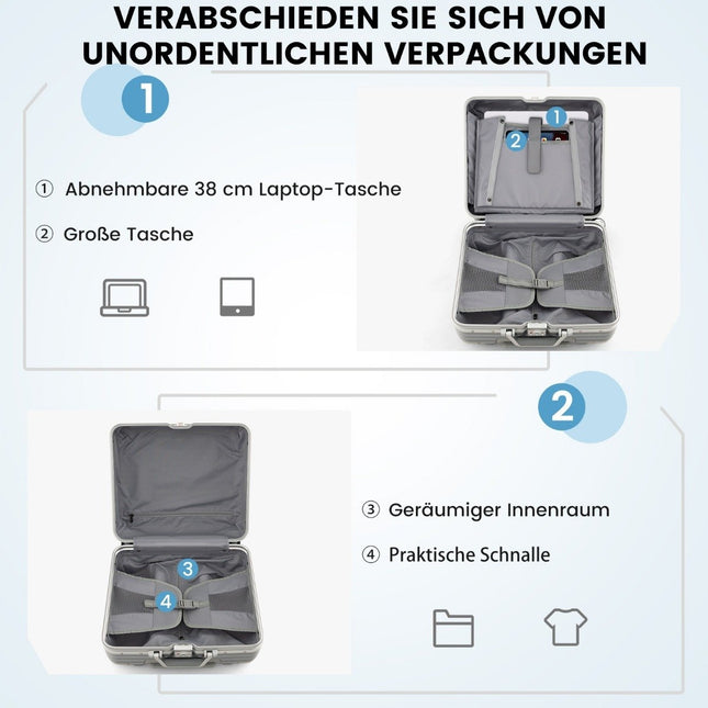 16" Handgepäck 34L Rollkoffer mit Laptopfach &amp; Spinnerrollen 43 x 24 x 44 cm silber