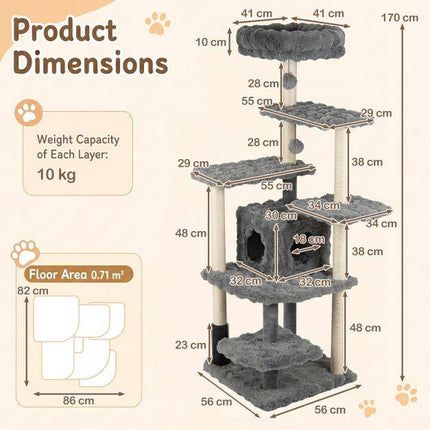170cm Grey Cat Tree with Sisal Posts and Cave