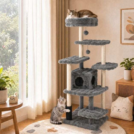 170cm Grey Cat Tree with Sisal Posts and Cave
