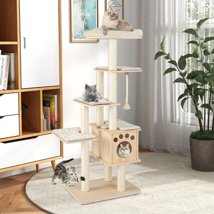 170 cm Wooden Cat Tree, 6 Levels, Sisal Rope, Beige