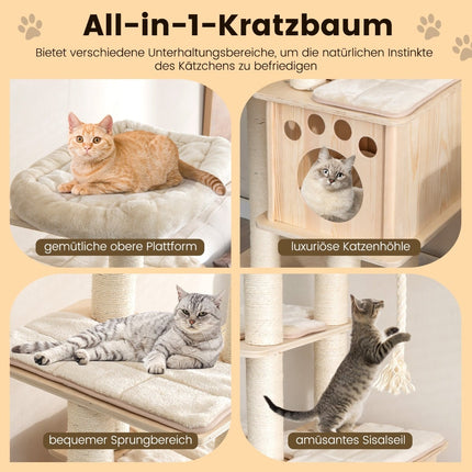 170 cm Wooden Cat Tree, 6 Levels, Sisal Rope, Beige