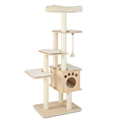 170 cm Wooden Cat Tree, 6 Levels, Sisal Rope, Beige