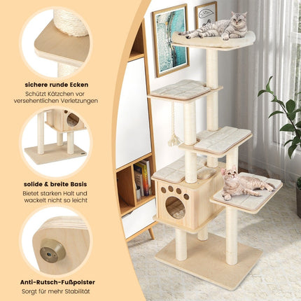 170 cm Wooden Cat Tree, 6 Levels, Sisal Rope, Beige