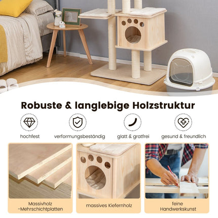 170 cm Wooden Cat Tree, 6 Levels, Sisal Rope, Beige