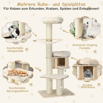 174 cm cat tree made of solid wood 4-tier cat tower natural