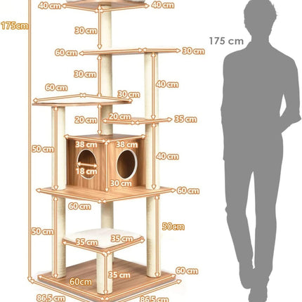 175cm Kratzbaum 6-stöckig Katzenkratzbaum Holzkratzbaum Spielhaus mit Höhle und 5 Matten