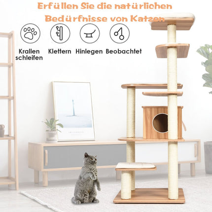 175cm Kratzbaum 6-stöckig Katzenkratzbaum Holzkratzbaum Spielhaus mit Höhle und 5 Matten