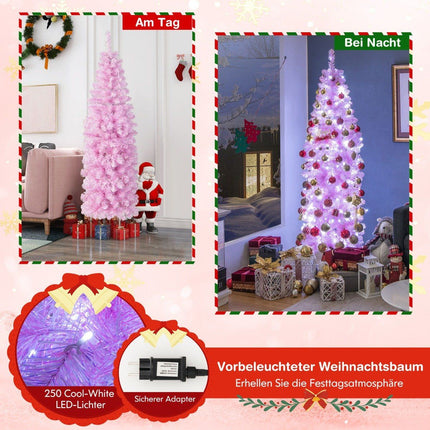 180 cm Kunstkerstboom met potlood en 250 koelwitte LED's, slanke kerstboom, roze