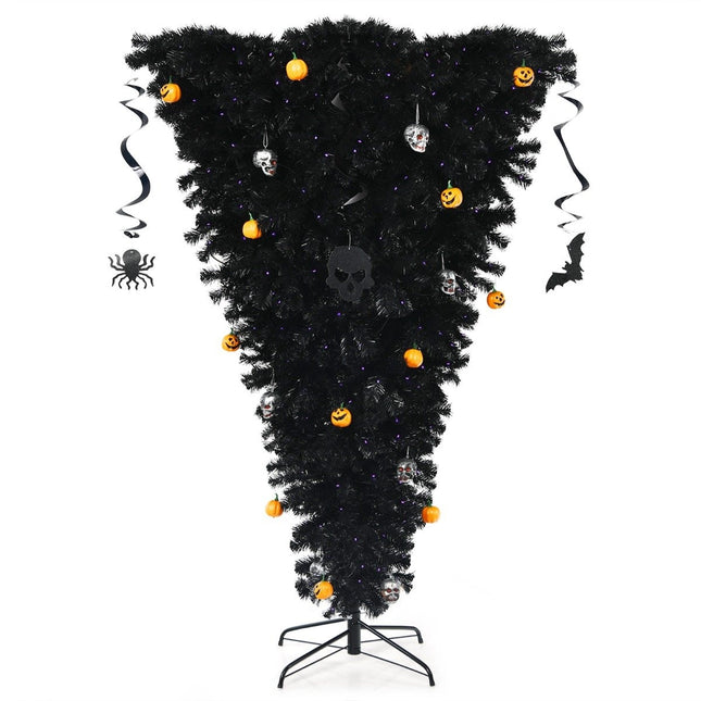 180 cm schwarzer künstlicher Weihnachtsbaum, beleuchteter Halloween-Baum mit 270 violetten LED-Lichtern