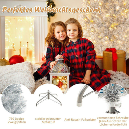 180 cm Bleistift-Lametta-Weihnachtsbaum mit warmweißen LED-Lichtern, schmaler Weihnachtsbaum