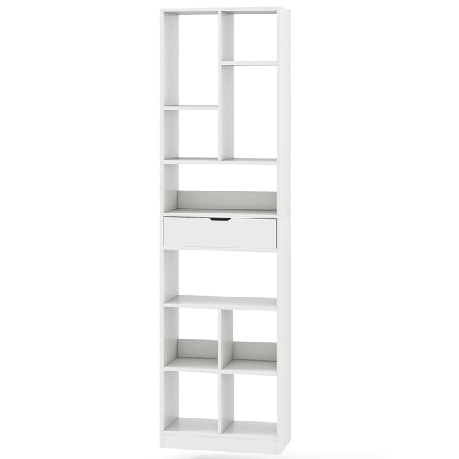180 cm weißes Bücherregal mit Schublade und 10 offenen Fächern