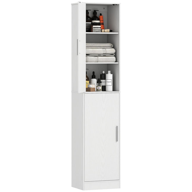 Badkamerkast 180 cm hoog, smalle badkamerkast met 2 deuren, 4 verstelbare planken, spaanplaat, MDF, wit