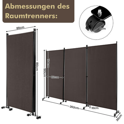 180 cm hoher Raumteiler auf Rollen, Paravent mit 3 frei kombinierbaren Paneelen, braun