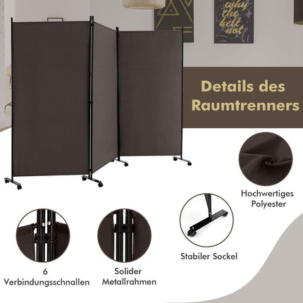 180 cm hoher Raumteiler auf Rollen, Paravent mit 3 frei kombinierbaren Paneelen, braun