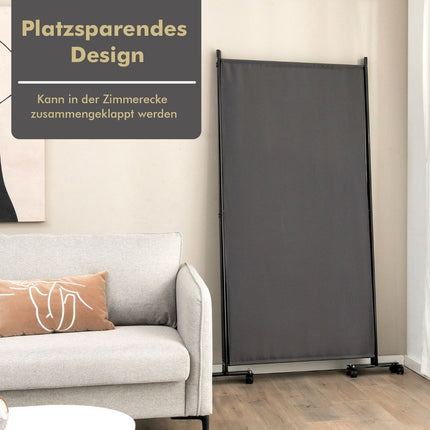 180 cm hoher Raumteiler auf Rollen, Paravent mit 3 frei kombinierbaren Paneelen, grau