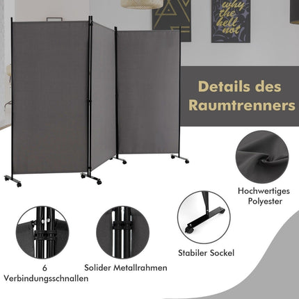 180 cm hoher Raumteiler auf Rollen, Paravent mit 3 frei kombinierbaren Paneelen, grau