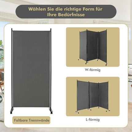 180 cm hoher Raumteiler auf Rollen, Paravent mit 3 frei kombinierbaren Paneelen, grau