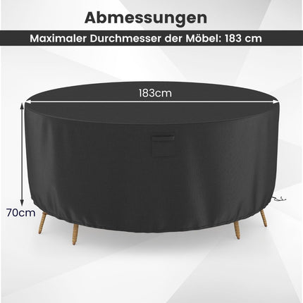 Ø 183 cm Round patio furniture cover with ventilation slots & buckles & cords black