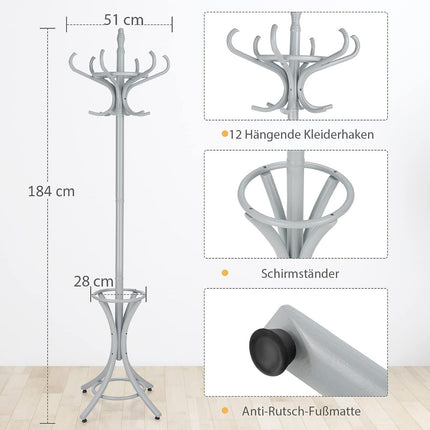 184 cm coat stand with umbrella holder jacket stand with 12 coat hooks gray