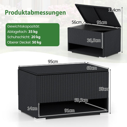 186 l schwarze Rattan-Aufbewahrungsbox mit Schuhregal und Innenfutter
