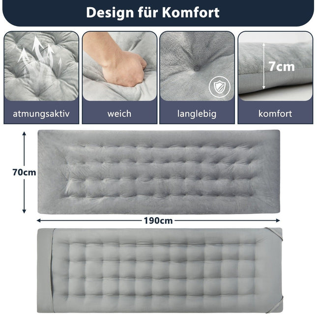 190 x 70 cm Baumwoll-Feldbettauflage 7 cm dicke Matratze mit 4 Befestigungsgurten grau