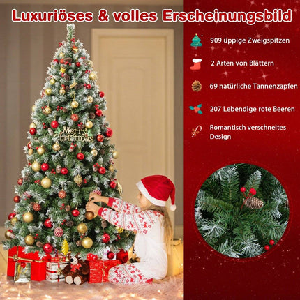 195 cm Artificial Christmas Tree with Lights & Snow & Pine Cones & Red Berries