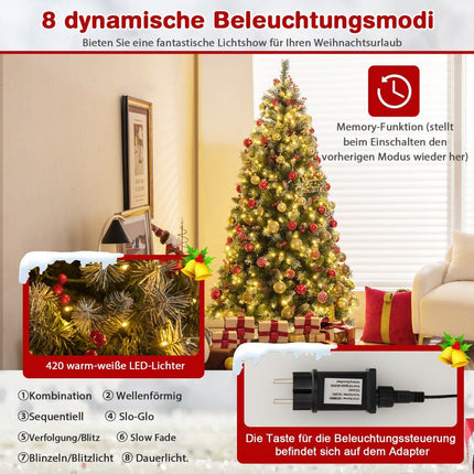 195 cm Artificial Christmas Tree with Lights & Snow & Pine Cones & Red Berries