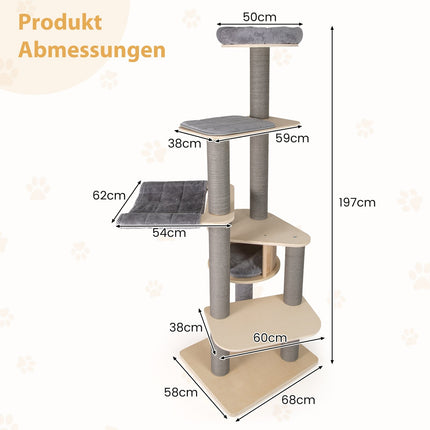 197 cm hoher Katzenkratzbaum mit Hängematte, Grau