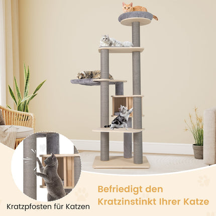 197 cm hoher Katzenkratzbaum mit Hängematte, Grau