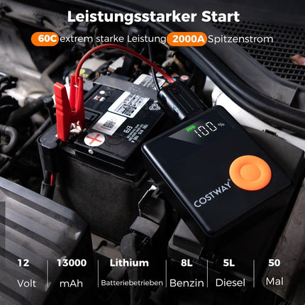 2000A 12V Autobatterie-Starthilfe mit 150PSI digitalem Reifenfüller &amp; Luftkompressor &amp; LED-Bildschirm 13000mAh Power Bank
