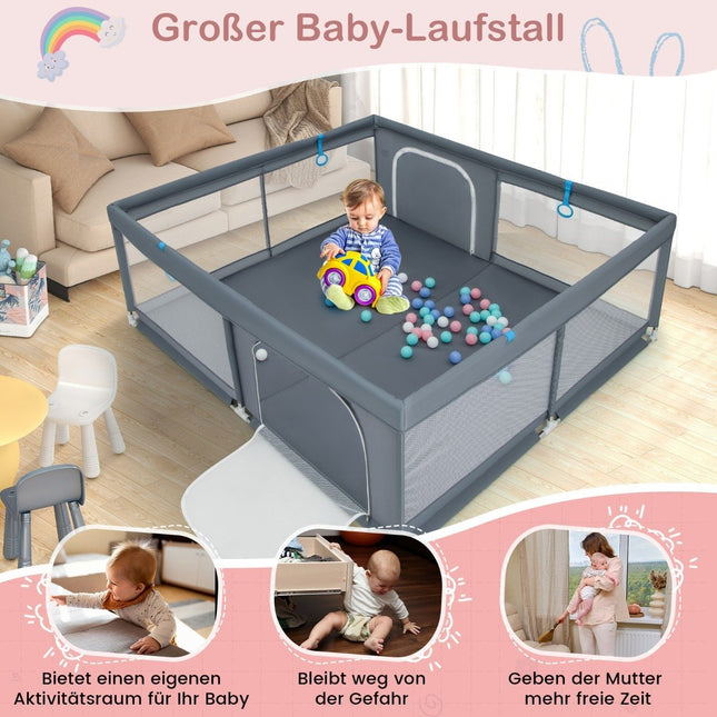 200 x 180 cm Baby Laufstall mit 50 Ozeanbällen &amp; 4 Griffen &amp; Tür Laufgitter Krabbelgitter Grau