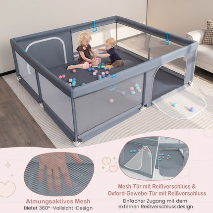 200 x 180 cm Baby Playpen with 50 Ocean Balls & 4 Handles & Door Playpen Crawling Gate Grey