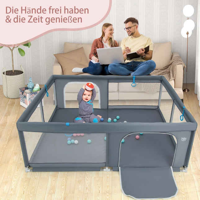 200 x 180 cm Baby Laufstall mit 50 Ozeanbällen &amp; 4 Griffen &amp; Tür Laufgitter Krabbelgitter Grau
