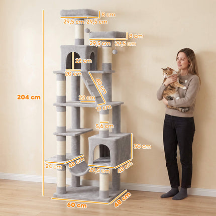 204 cm Multi-Level Cat Tree with Hammock & Caves, Light Grey