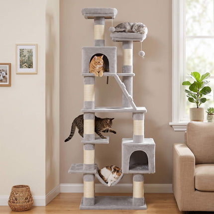 204 cm Multi-Level Cat Tree with Hammock & Caves, Light Grey