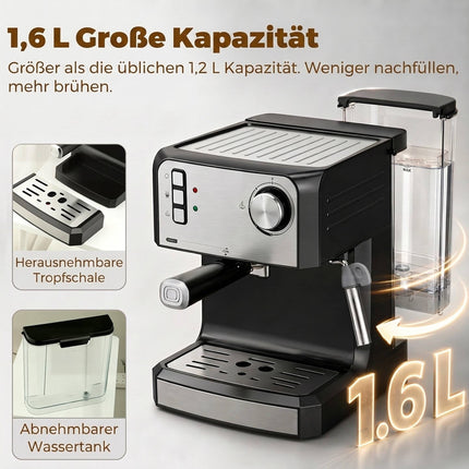 20-Bar Espresso Machine with Milk Frother, 1.6L Tank, Black