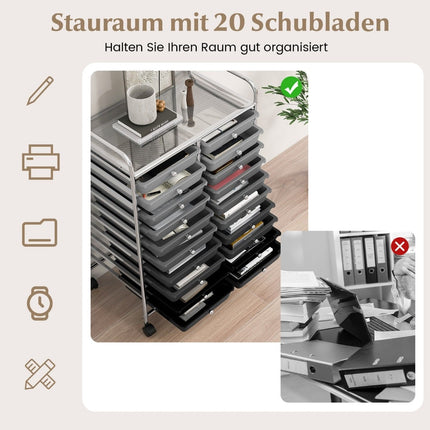 Rollwagen mit 20 Schubladen und Metallrahmen, Schwarz