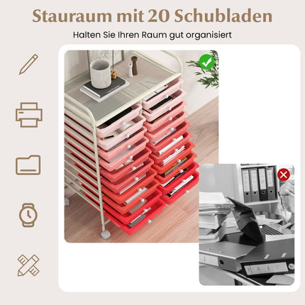 20-Drawer Rolling Cart with Metal Frame – Pink