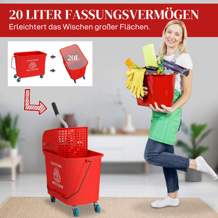20L Mop Bucket with Wringer, Wheels, Red Plastic