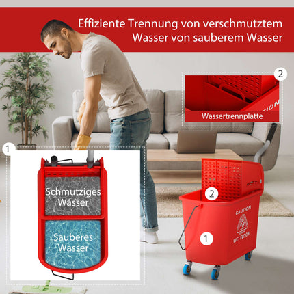 20L Mop Bucket with Wringer, Wheels, Red Plastic