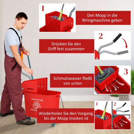 20L Mop Bucket with Wringer, Wheels, Red Plastic