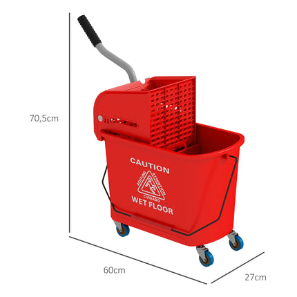 20L Mop Bucket with Wringer, Wheels, Red Plastic