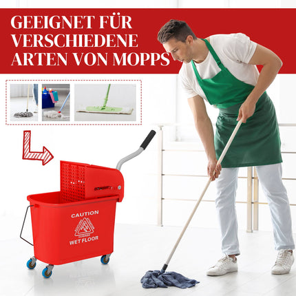 20L Mop Bucket with Wringer, Wheels, Red Plastic